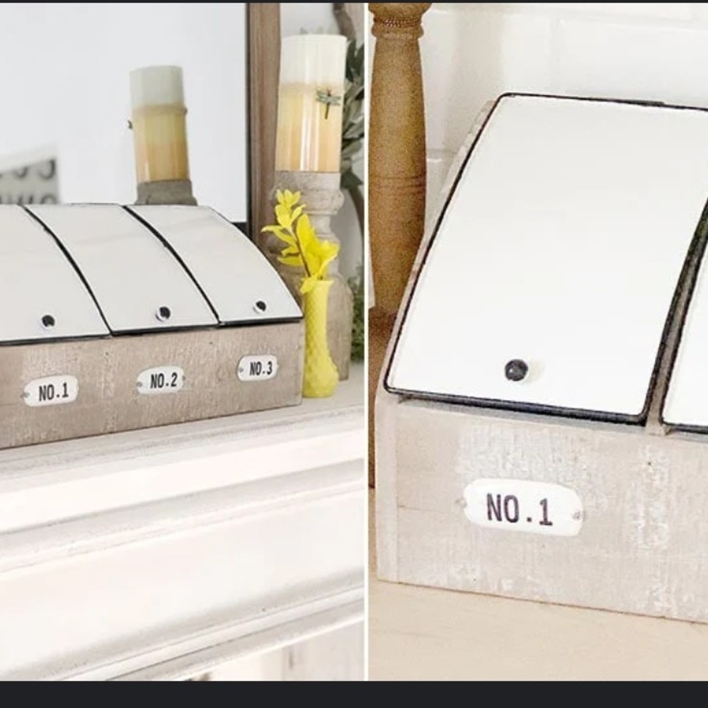 Rustic White Enamel and Wood Storage Bin with Black Trim